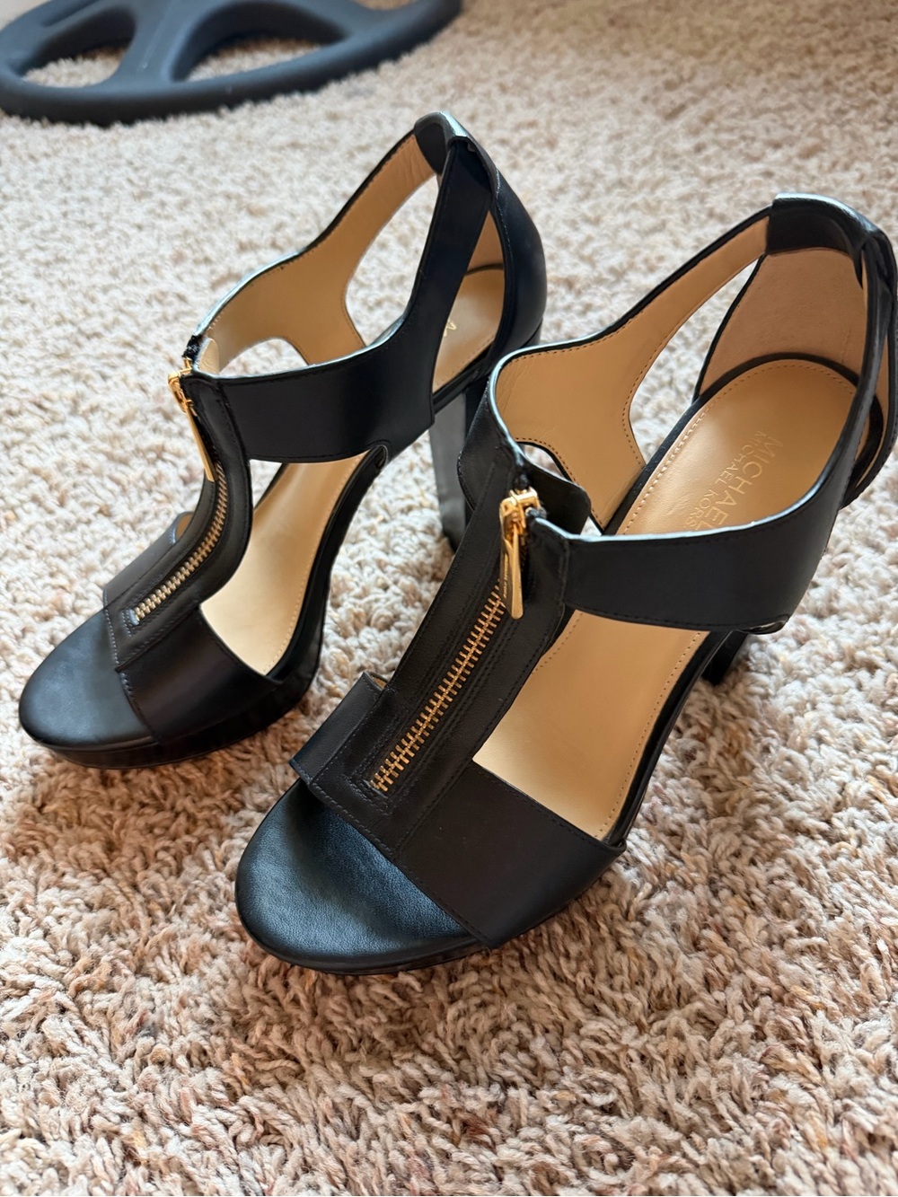 MICHAEL Michael Kors Black Leather T-Strap Heels with Gold Front Zipper